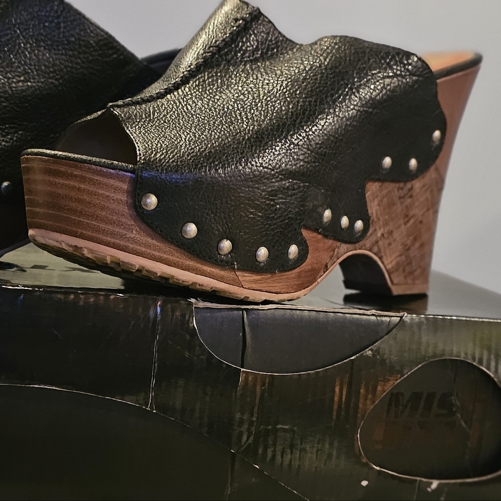 Miss Sixty Black Leather Mules with Wooden Heel